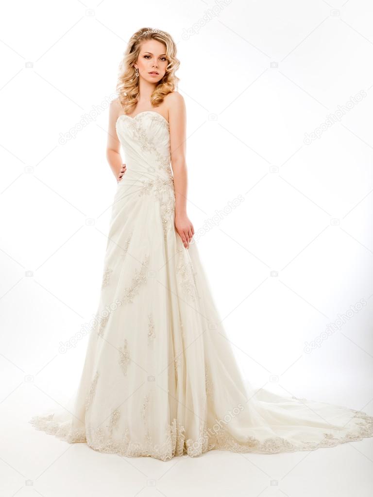Beautiful pretty bride in luxurious wedding modern dress