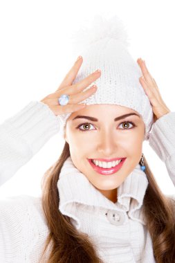 mutlu kar kızlık kazma dişli bir gülümseme. taze kış yüzünü. sevinç