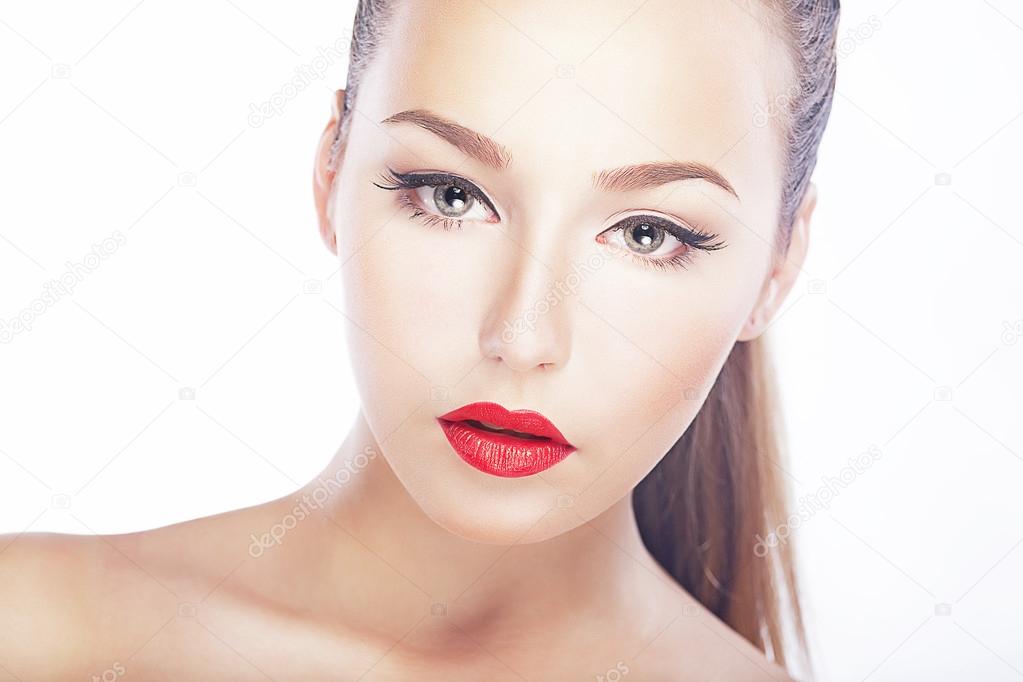 Beauty - fresh woman face - red lips, natural clean healthy skin