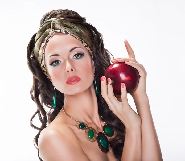 Nutrition. Beauty Woman with Red Apple on white background - Wholesome Food — Stock Photo, Image