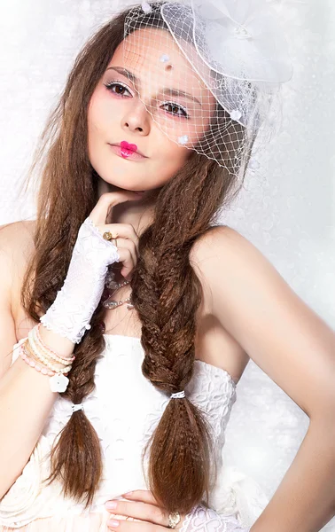 Retro Styled Fashion portrait - Woman in Veil and Gloves. Vintage style — Stock Photo, Image