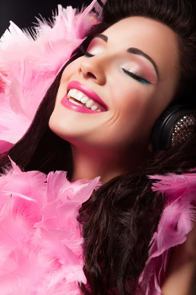 Cheerful Beauty Girl with Pink Feathers Having Fun - Pleasure — Stock Photo, Image