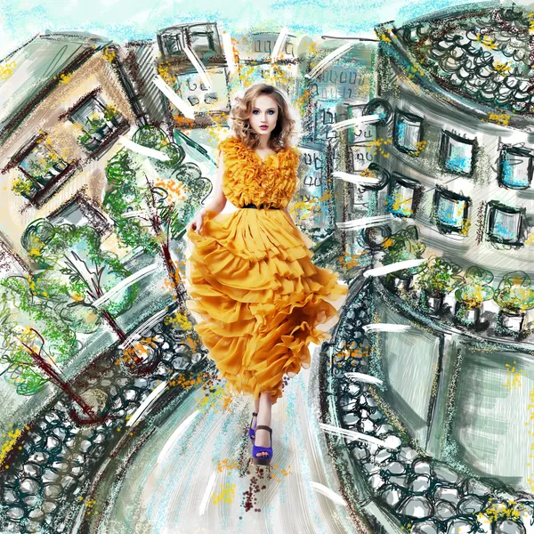 Fantasía. Mujer moderna futurista en vestido de moda caminando. Ilustración del paisaje urbano —  Fotos de Stock