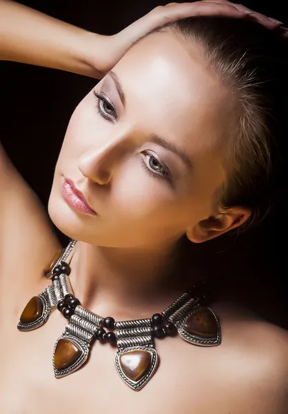 Adorable Woman with Metallic Necklace and Amber. Natural Makeup — Stock Photo, Image