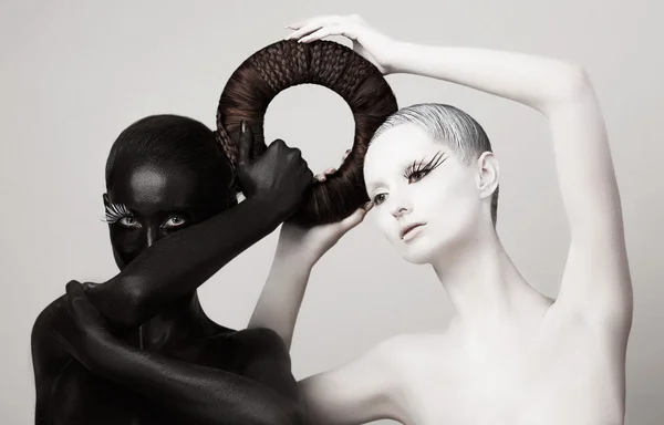 Women in Ying Yang Style. Occult Contrast Make-up. Unity — Stock Photo, Image