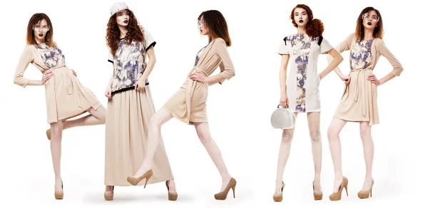 Modern elbiseler göz alıcı güzel kızlar alışveriş kolaj. yaşam tarzı — Stok fotoğraf