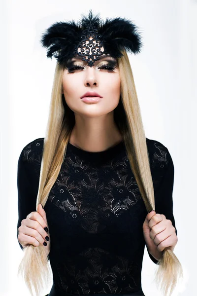 Portrait of Stylized Woman Blonde in Black Carnival Mask with Feathers. Holiday — Stock Photo, Image