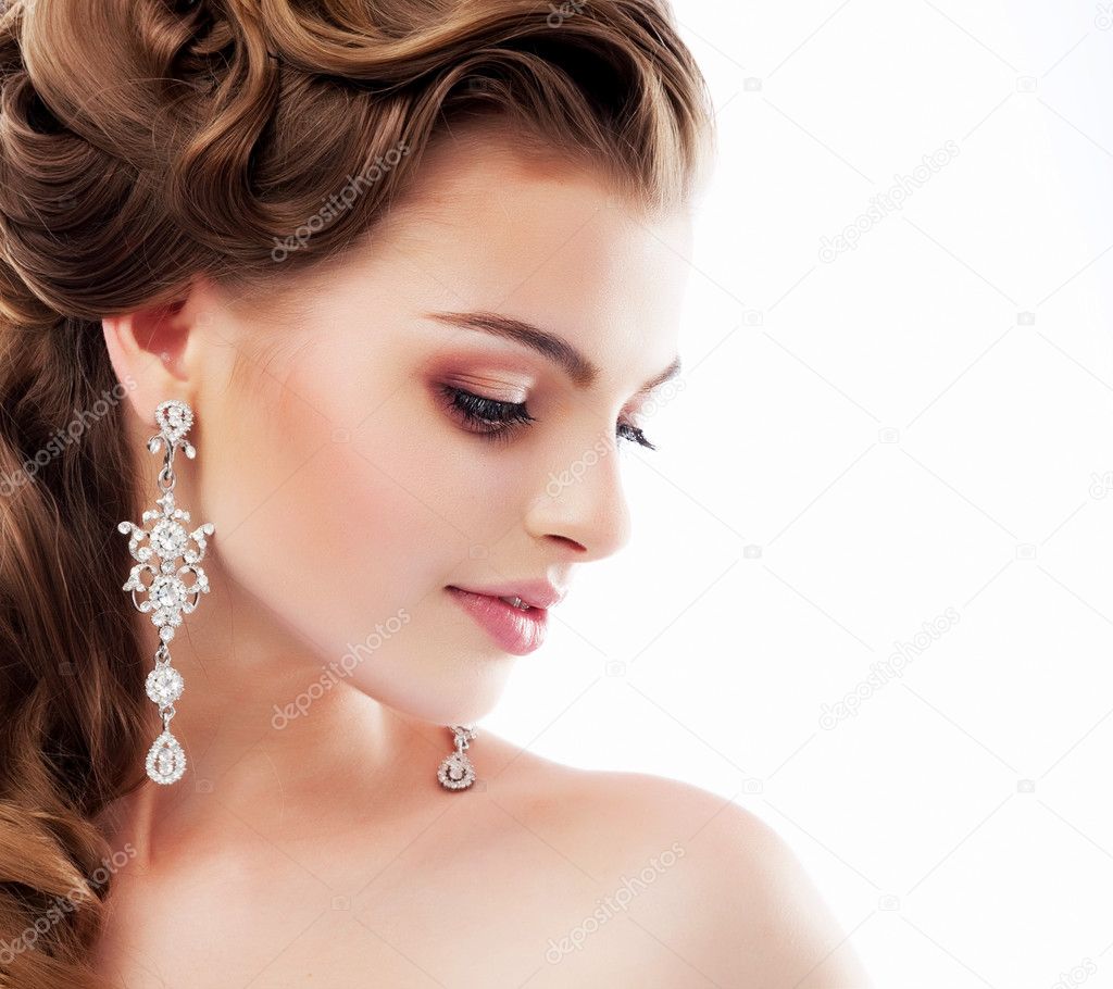 Pure Beauty. Aristocratic Profile of smiling Lady with Glossy Diamond Earrings. Femininity & Sophistication