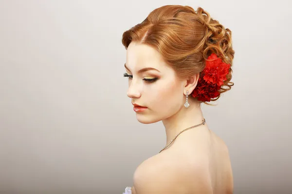 Daydream. Tenderness. Golden Hair Female with Red Flower. Platinum Shine Necklace — Stock Photo, Image