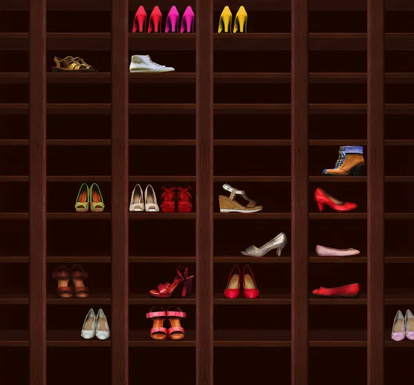 Wardrobe. Brown Wood Shelves with Women's Shoes. Fashion — Stock Photo, Image