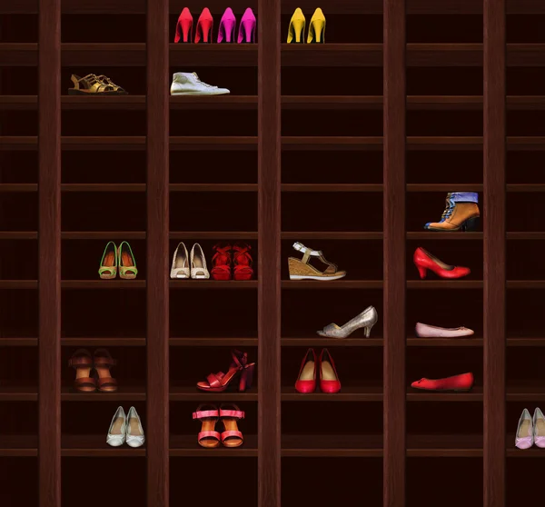 Wardrobe. Brown Wood Shelves with Women's Shoes. Fashion — Stock Image Wardrobe. Brown Wood Shelves with Women's Shoes. Fashion Stock Picture