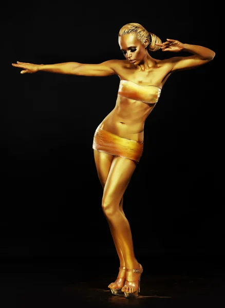 Radiance. Fantasy. Golden Woman Performing in Night Club. Lights — Stock Photo, Image