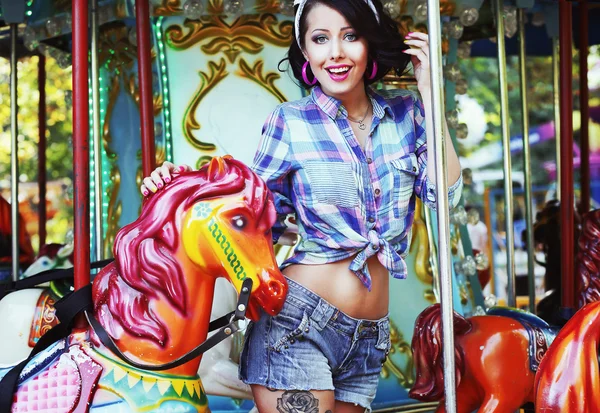 Rejoicing. Merriment. Excited Lively Woman in Funfair Smiling — Stock Photo, Image