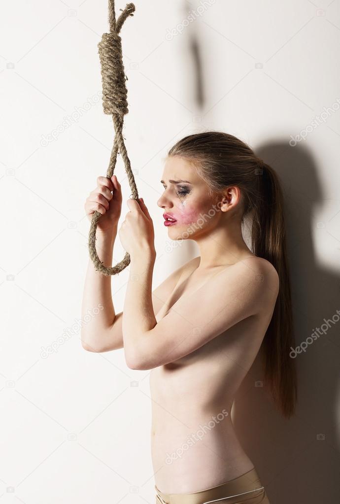 Fatality. Suicide. Whimsical Woman holding Knot of Rope