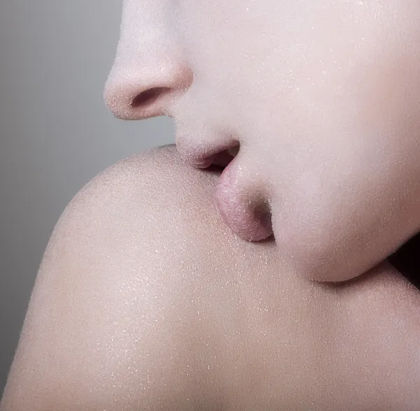 Closeup Tempting Woman's Face with Opened Mouth. Craving. Desire — Stock Photo, Image