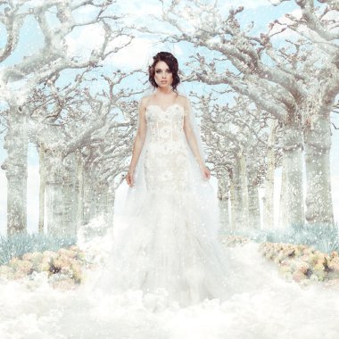 Fantasy. Matrimony. Bride in White Dress over Frozen Winter Trees and Snowflakes clipart
