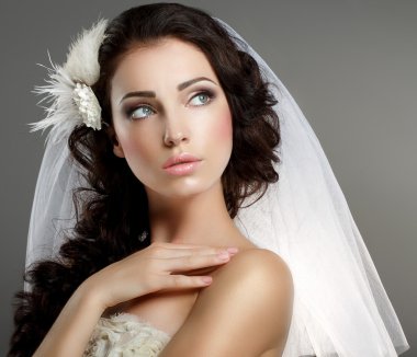Wedding. Young Gentle Quiet Bride in Classic White Veil Looking Away clipart