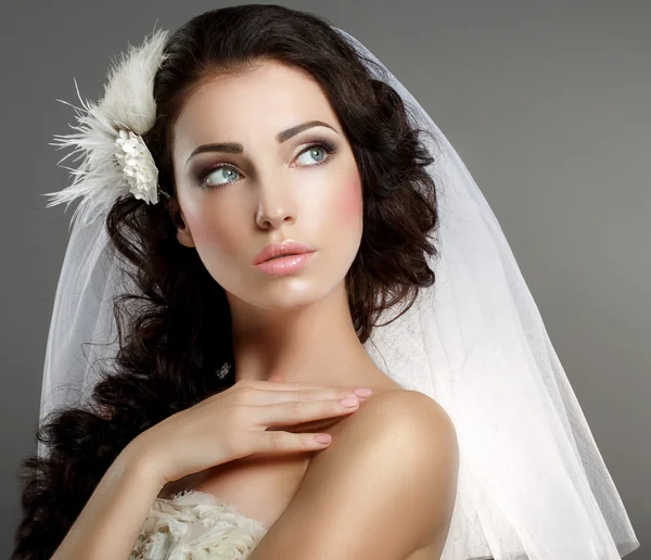 Wedding. Young Gentle Quiet Bride in Classic White Veil Looking Away — Stock Photo, Image