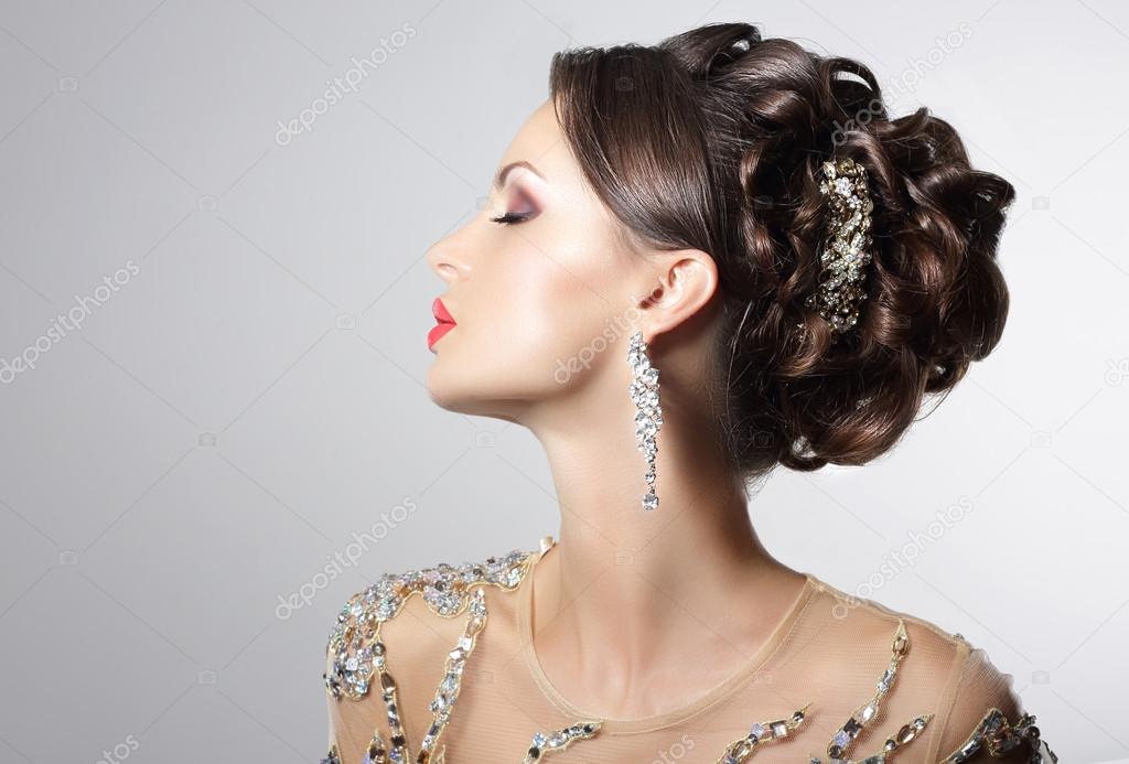 Fashionable Brunette with Costume Jewelry - Trendy Rhinestones and Strass