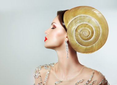 Extravagancy. Outlandish Extreme Hairstyle. Peculiar Woman with Snail as Headwear clipart