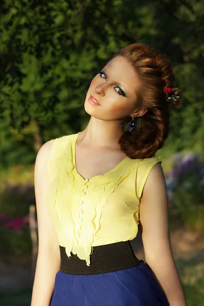 Cute Romantic Young Woman in Sleeveless Sundress Outdoors — Stock Photo, Image