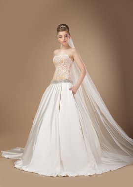 Uzun zarif elbise poz içinde sofistike ince kadın