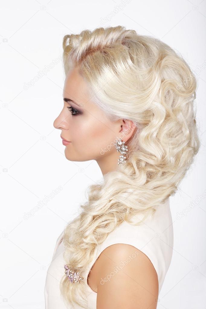 Sophistication. Profile of Fashionable Girl with Ashen Dyed Curly Hairs