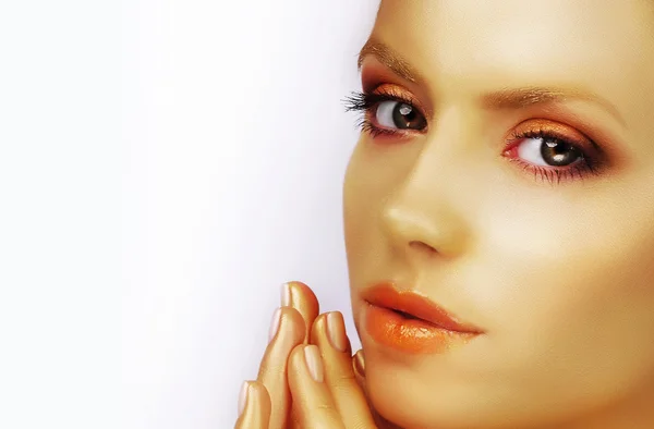 Close Up Portrait of Young Woman and Manicured Fingernails — Stock Photo, Image