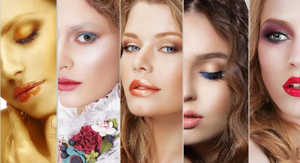 Collage. Frauengesichter mit verschiedenem bunten Make-up — Stockfoto