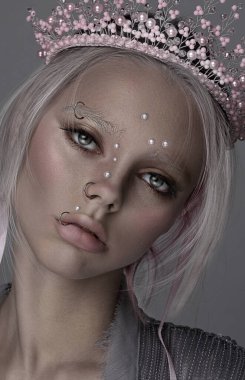 Bir kızın yakın plan portresi. Kavram. Burun delici. Küpe bir yüzük. Kafasında pembe taç var. Prenses..