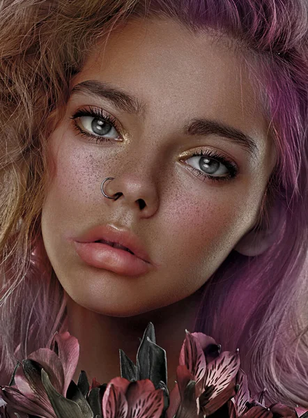 Крупный План Лица Девушки Персики Носу Розовые Волосы Цветы Женщина — стоковое фото