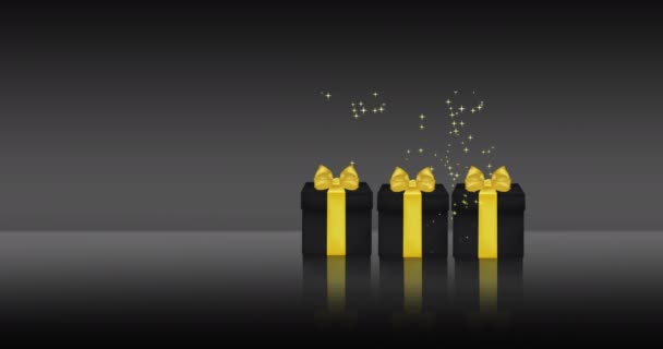 プレゼントだ 金リボンと弓を持つブラックボックスが表示され 数が増加します ギフトボックスは魔法の効果 星と輝きで二分されています — ストック動画
