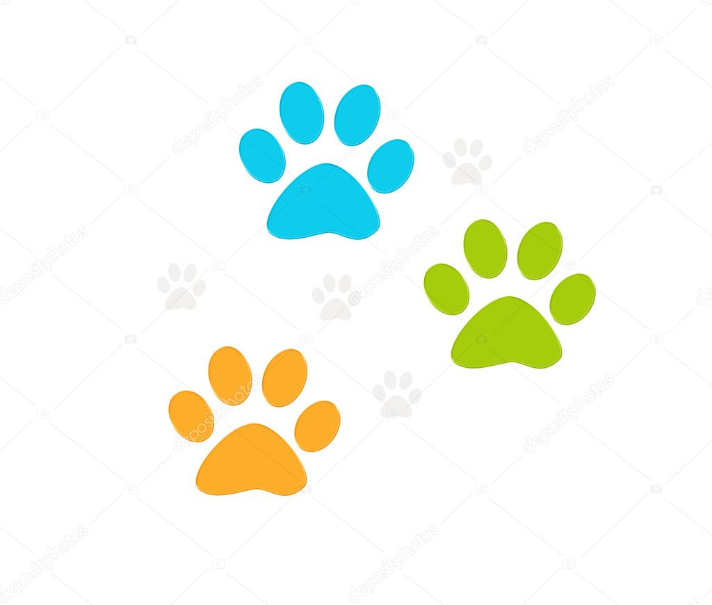 Footprints of pets in colors blue, green and orange for a logo