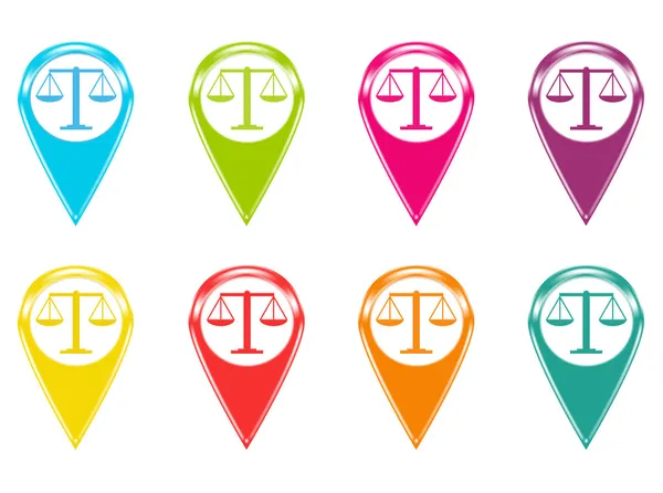 Набор значков шкалы правосудия или цветных маркеров на картах — стоковое фото