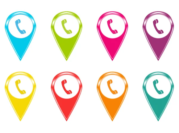 Sada ikon nebo barevné značky na mapách symbolem telefonu — Stock fotografie