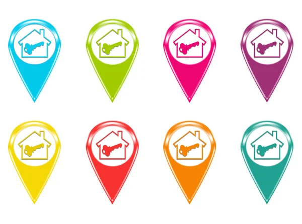 Set of house icons or colored markers on maps — Stock Photo, Image