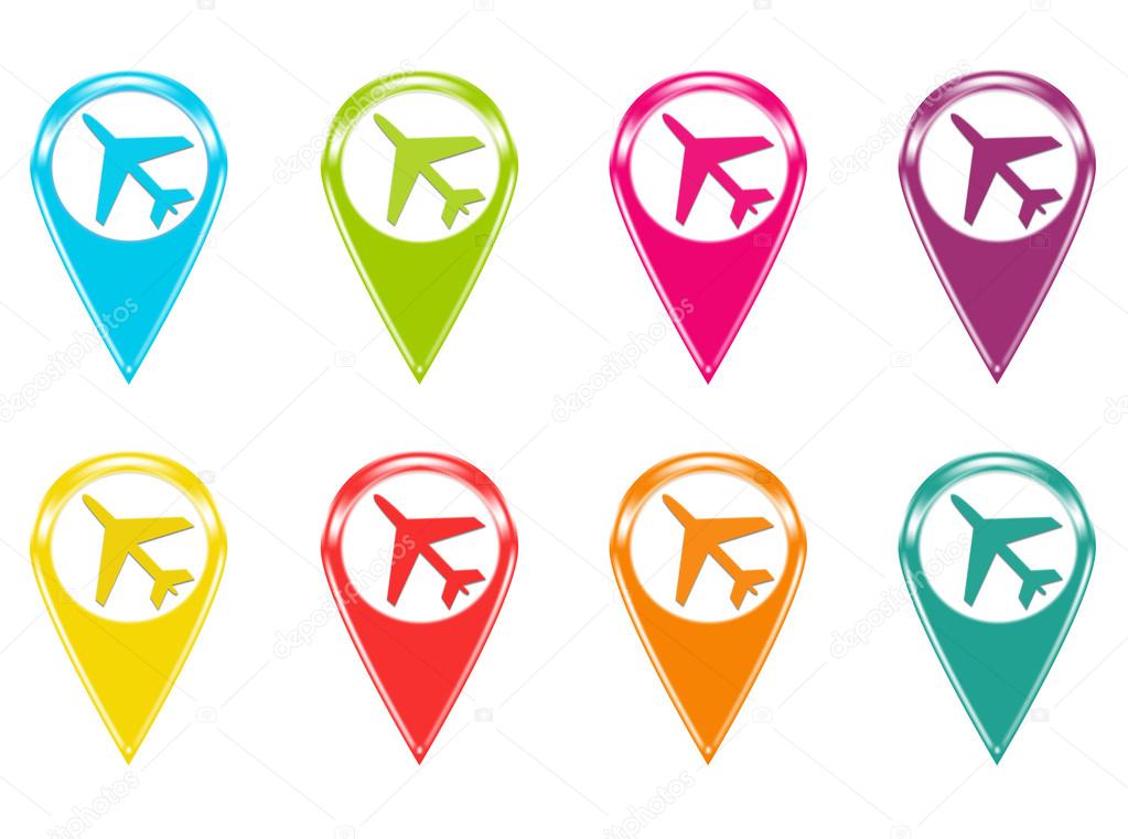 Set of icons or colored markers with airplane symbol