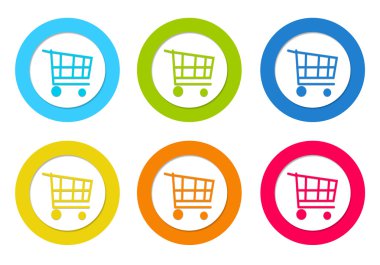 alışveriş sepeti sembolü ile renkli yuvarlak simgeler ayarla