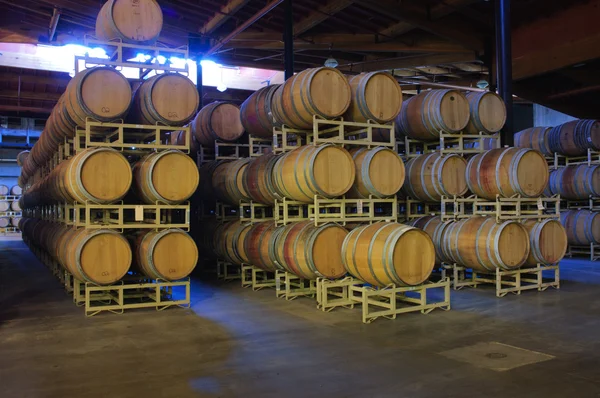 Inside a winery cavern with oak barrels and vats, fermentation and storage tanks — Stock Photo, Image