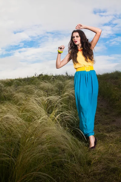 Mooi meisje met lange haren in veld — Stockfoto