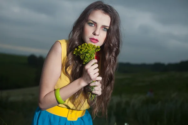 Beautiful young girl with long hair in field — Stock Photo, Image