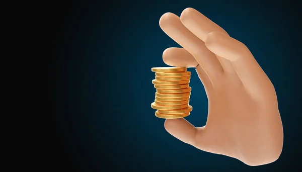 漫画の手を隔離された背景にコインのスタックを保持する 3Dイラスト — ストック写真
