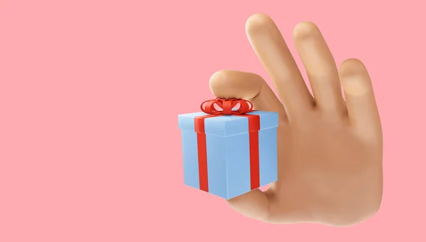 Cartoon Mano Tenendo Una Scatola Regalo Sorpresa Uno Sfondo Isolato — Foto Stock