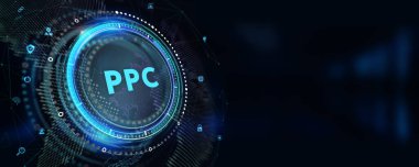 Tıklama başına ödeme teknolojisi dijital pazarlama internet sanal ekran konsepti. PPC. 3B illüstrasyon