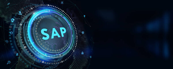 Концепция SAP System Software Automation на виртуальном экране центра обработки данных. Бизнес, современные технологии, Интернет и сетевая концепция. 3D иллюстрация