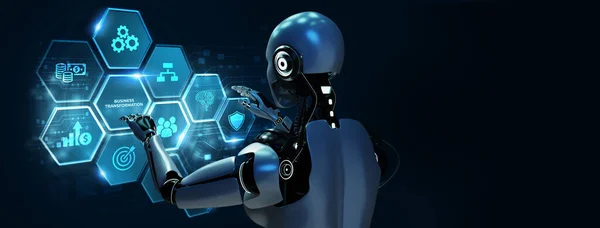 Concepto Negocio Tecnología Internet Red Robot Pulsando Botón Transformación Negocio —  Fotos de Stock