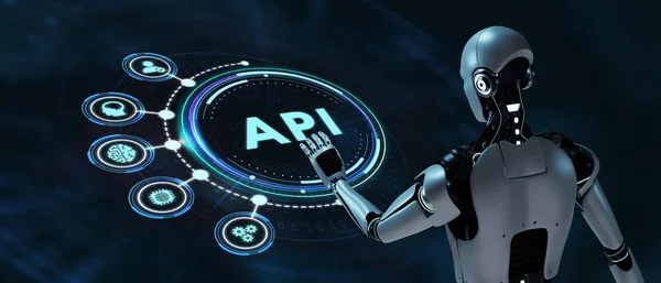 API - Application Programming Interface. Software development tool. Robot pressing button on virtual screen. 3d render