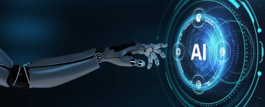 Yapay zeka (yapay zeka), makine öğrenme ve modern bilgisayar teknolojileri kavramları. Sanal ekranda robot tuşuna bas. 3d hazırlayıcı                               