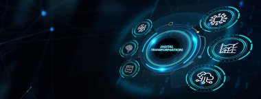 İş süreçlerinin dijitalleştirilmesi ve modern teknoloji kavramı. Dijital dönüşüm. 3B illüstrasyon