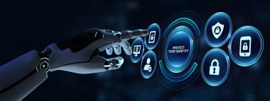 Siber güvenlik veri koruması iş teknolojisi gizlilik kavramı. Robot tuşuna basarak sanal ekranda kimliğinizi koruyun. 3d hazırlayıcı